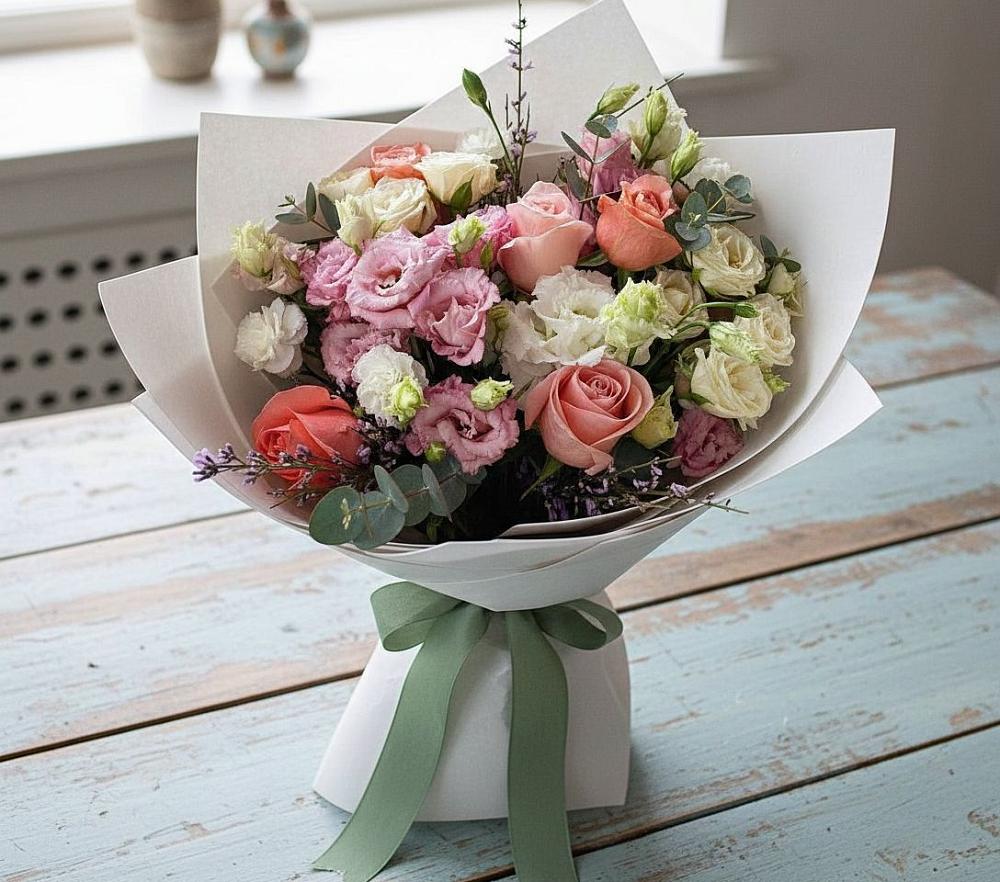 Букет цветов из: Розы, Лизиантусы и Гвоздики в Тырныаузе